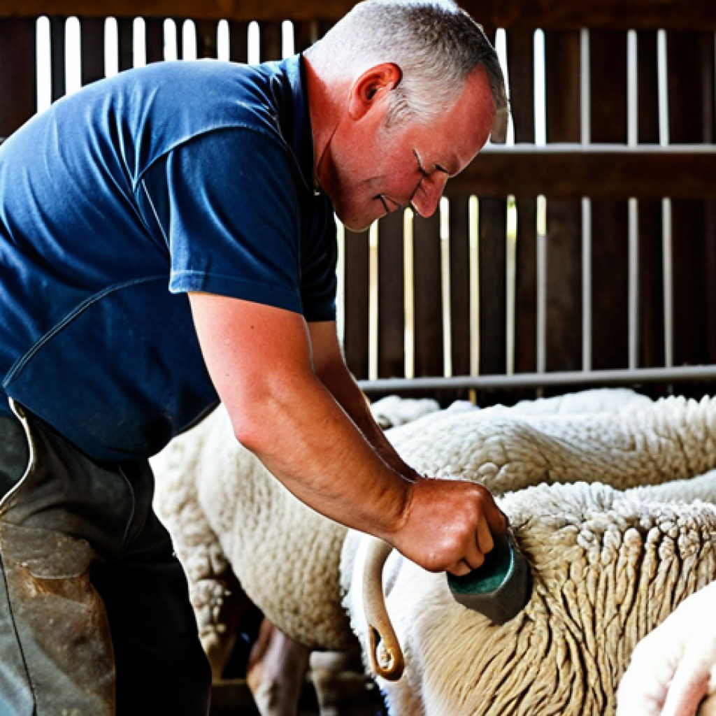A professional sheep shearer in modest, practical work attire, skillfully and gently shearing a calm, well-cared-for sheep in a clean, brightly lit shearing shed. The shearer's hands are positioned carefully, demonstrating expertise and respect for the animal. The focus is on the precision of the traditional craft. Perfect anatomy, correct proportions, natural pose, well-formed hands, proper finger count, natural body proportions. Safe for work, appropriate content, fully clothed, professional, modest, high quality, professional photography, realistic details.