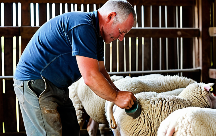 A professional sheep shearer in modest, practical work attire, skillfully and gently shearing a calm, well-cared-for sheep in a clean, brightly lit shearing shed. The shearer's hands are positioned carefully, demonstrating expertise and respect for the animal. The focus is on the precision of the traditional craft. Perfect anatomy, correct proportions, natural pose, well-formed hands, proper finger count, natural body proportions. Safe for work, appropriate content, fully clothed, professional, modest, high quality, professional photography, realistic details.