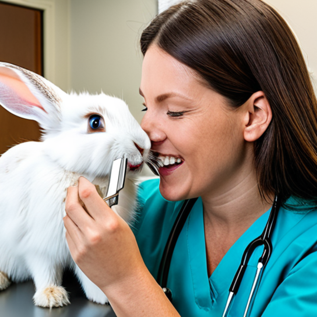 "A veterinarian carefully examining a rabbit's teeth, using professional dental tools, in a bright and clean veterinary clinic, fully clothed, safe for work, appropriate content, perfect anatomy, professional setting, educational image, family-friendly"