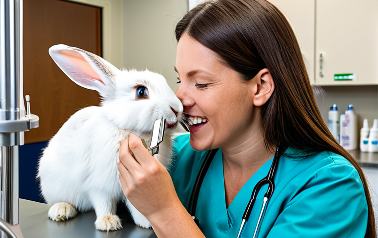 "A veterinarian carefully examining a rabbit's teeth, using professional dental tools, in a bright and clean veterinary clinic, fully clothed, safe for work, appropriate content, perfect anatomy, professional setting, educational image, family-friendly"