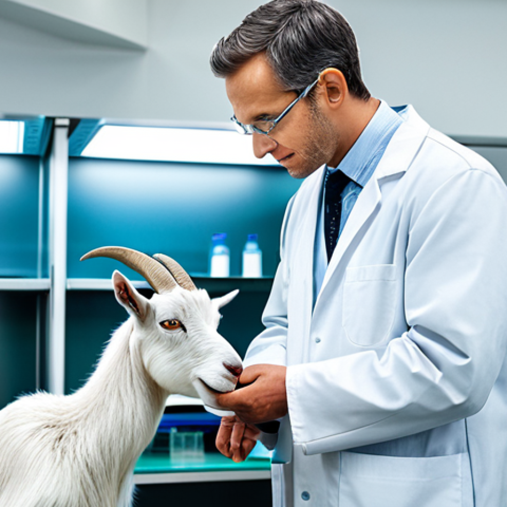 A scientist in a lab coat examining a goat in a modern, well-lit research facility. The goat appears healthy and well-cared for. Focus on scientific equipment and a clean environment. safe for work, appropriate content, fully clothed, professional, perfect anatomy, natural proportions, high quality.
