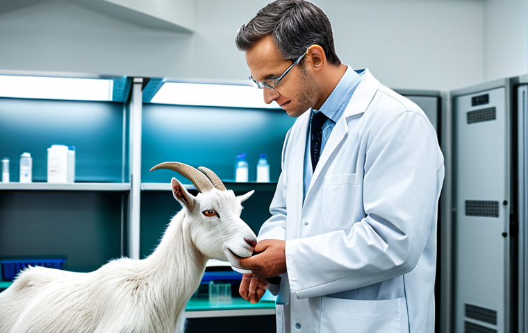 A scientist in a lab coat examining a goat in a modern, well-lit research facility. The goat appears healthy and well-cared for. Focus on scientific equipment and a clean environment. safe for work, appropriate content, fully clothed, professional, perfect anatomy, natural proportions, high quality.