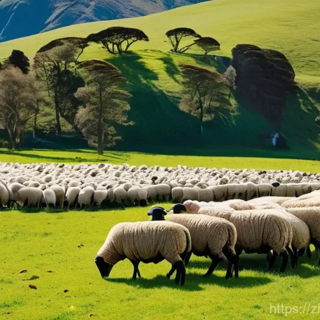 양털 시장 가격 분석 - A serene and expansive Merino sheep farm in the highlands of New Zealand, bathed in soft, natural su...