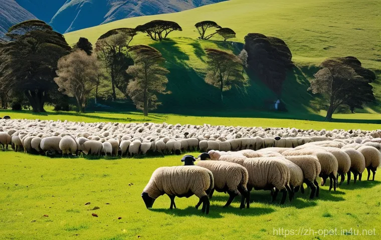 양털 시장 가격 분석 - A serene and expansive Merino sheep farm in the highlands of New Zealand, bathed in soft, natural su...