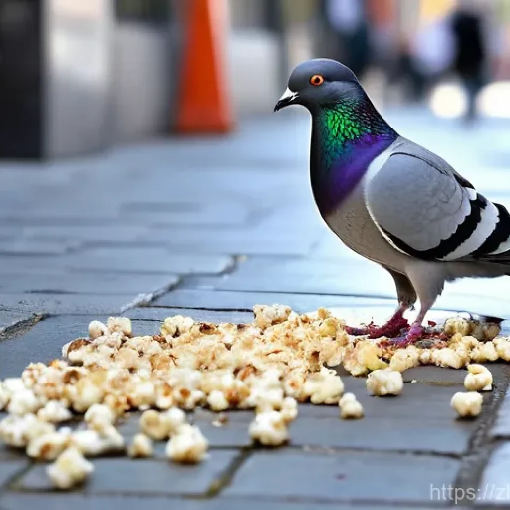 비둘기 환경 적응력 - **Urban Foraging "Gourmet"**
    A highly detailed image of a resourceful urban pigeon, with strikin...