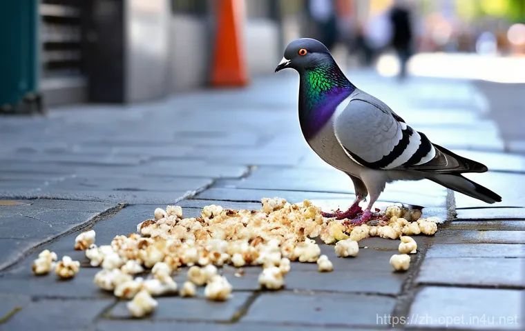 비둘기 환경 적응력 - **Urban Foraging "Gourmet"**
    A highly detailed image of a resourceful urban pigeon, with strikin...