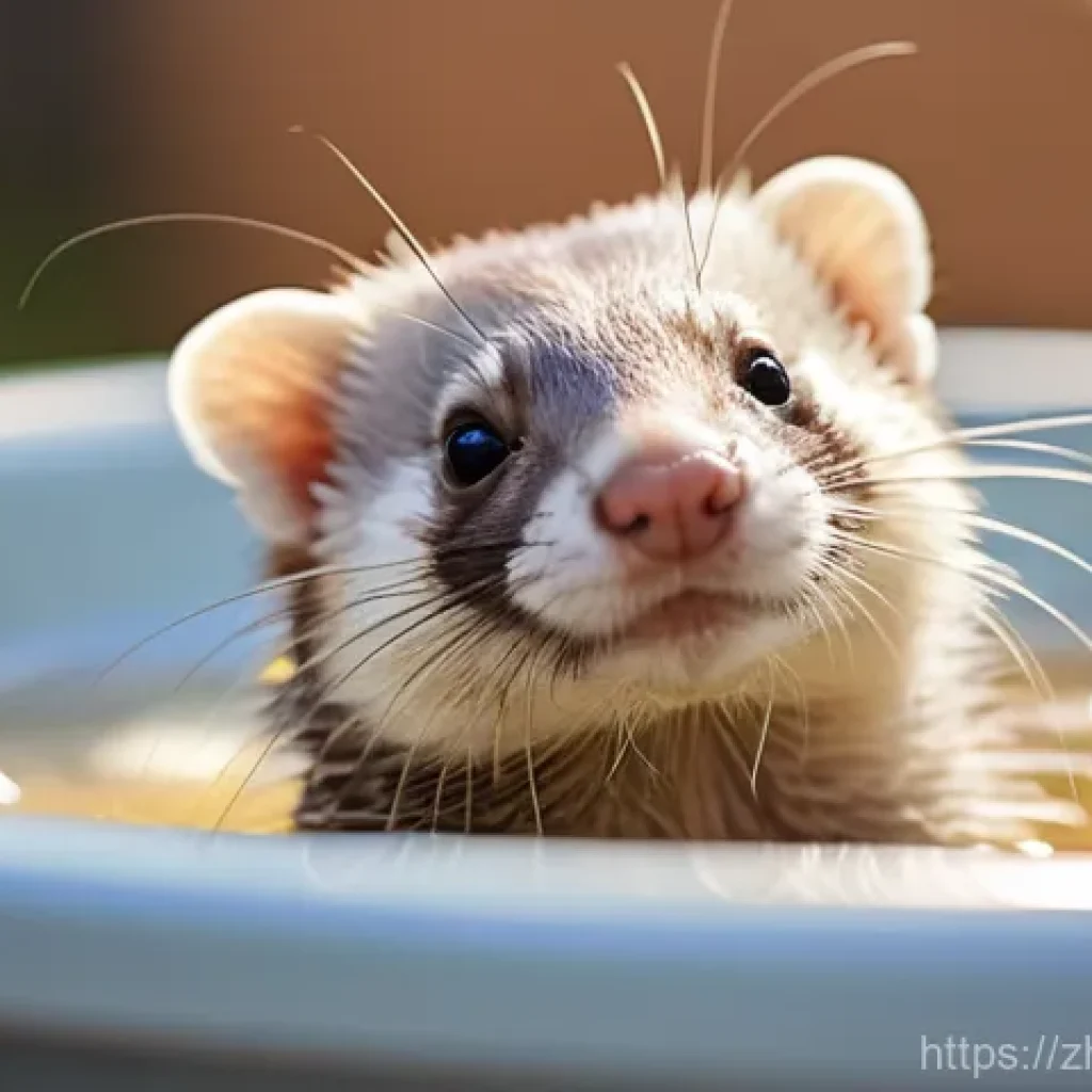 페럿 미용 방법 - "A cute, fluffy ferret enjoying a gentle bath in a small, non-slip basin. The water is warm and slig...