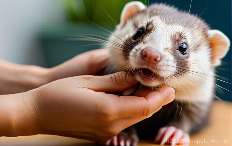 페럿 미용 방법 - "A cute, fluffy ferret enjoying a gentle bath in a small, non-slip basin. The water is warm and slig...