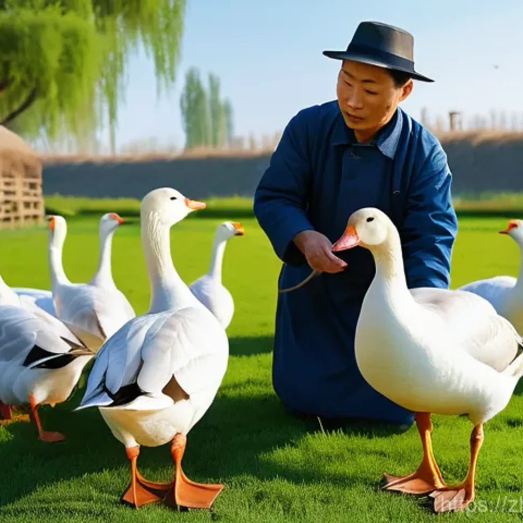 거위 번식 방법 - A knowledgeable Chinese farmer, dressed in practical work clothes, is carefully examining a magnific...