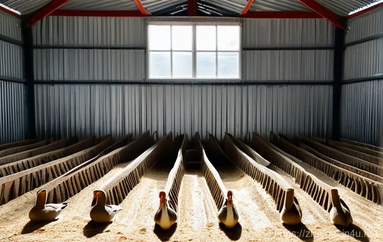 거위 번식 방법 - A knowledgeable Chinese farmer, dressed in practical work clothes, is carefully examining a magnific...