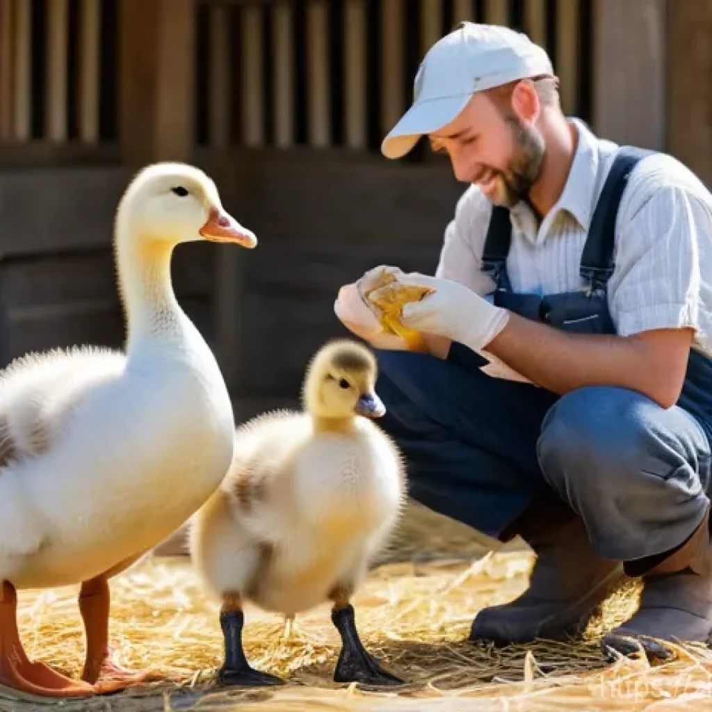 거위 사육 기초 - **Prompt:** A heartwarming scene at a sun-drenched, reputable goose farm. A friendly, kind-faced far...