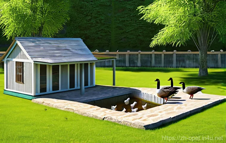 거위 사육 기초 - **Prompt:** A heartwarming scene at a sun-drenched, reputable goose farm. A friendly, kind-faced far...